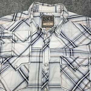 BKE Buckle Shirt Mens Slim Medium White Plaid Western Pearl Snap Roll Tab Casual